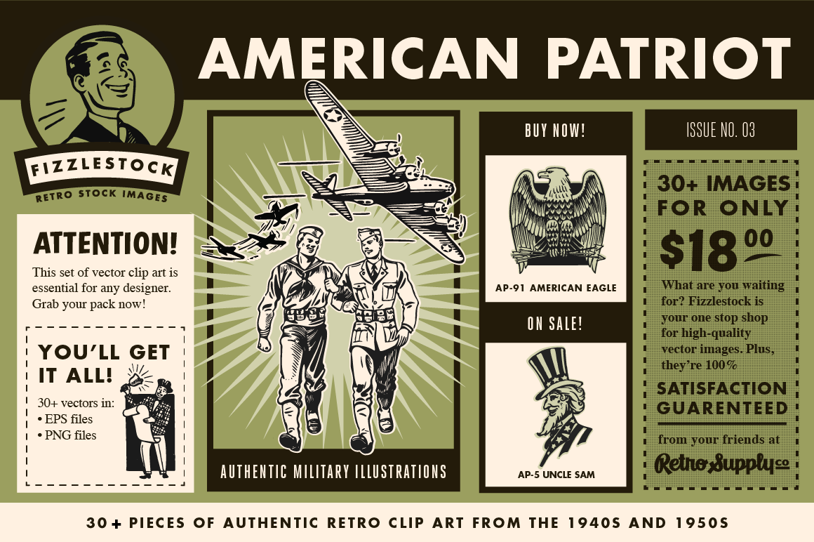 American Clipart including airplanes, soldiers, eagles, and the American flag.