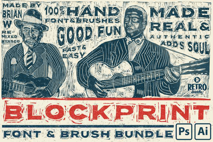 Blockprint Font & Brush Pack for Adobe Illustrator and Adobe Photoshop