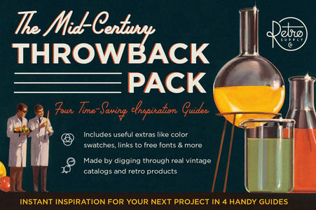 The Mid-Century Throwback Pack includes 4 inspirational guides with color palettes, font combinations, and style tips for your next project.