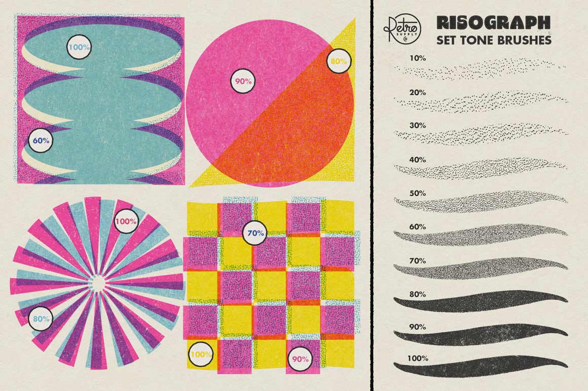 Risograph for Adobe Illustrator includes 20 set tone pattern swatches and graphic styles in both wet and dry pattern types.