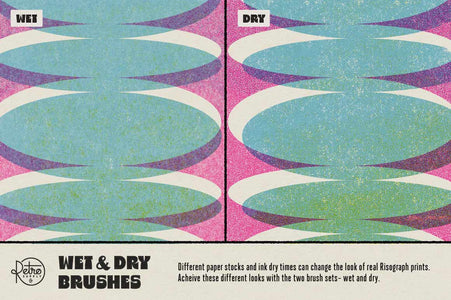 Risograph for Adobe Illustrator includes wet and dry styles of each texture to mimic different paper stocks and drying times.